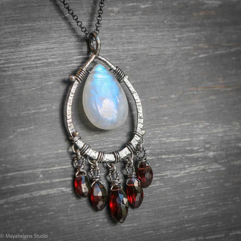 Blood Moon - Moonstone Garnet Wire Wrapped Sterling Necklace