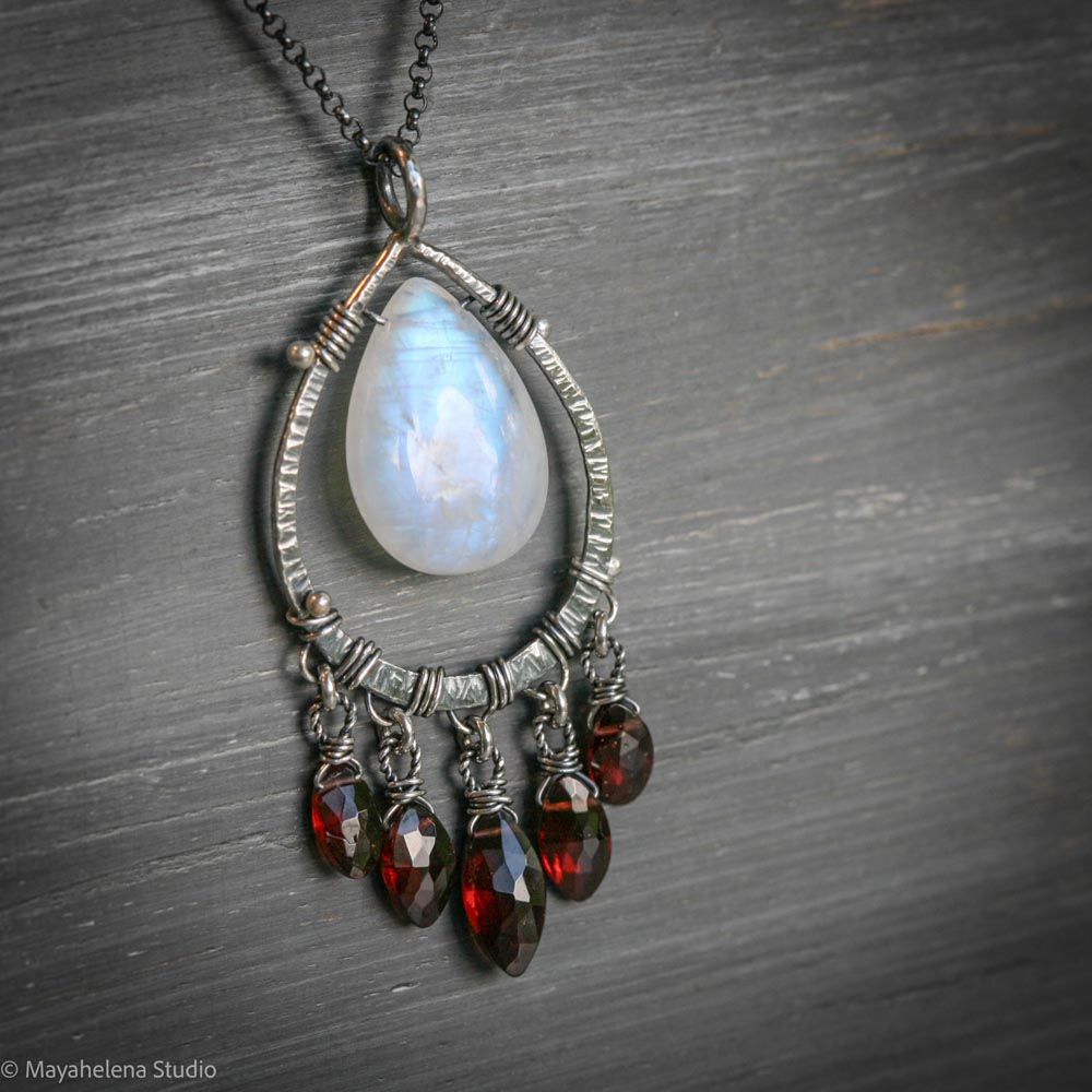 Blood Moon - Moonstone Garnet Wire Wrapped Sterling Necklace