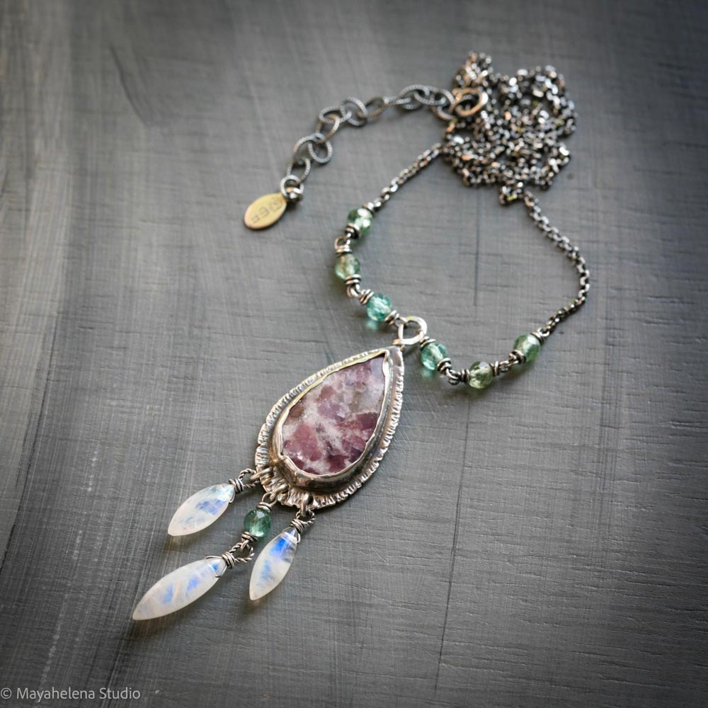 Tranquility Lepidolite with Moonstone & Green Apatite Sterling Silver Necklace Pendant