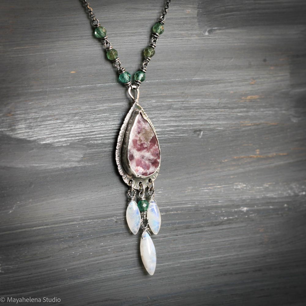 Tranquility Lepidolite with Moonstone & Green Apatite Sterling Silver Necklace Pendant