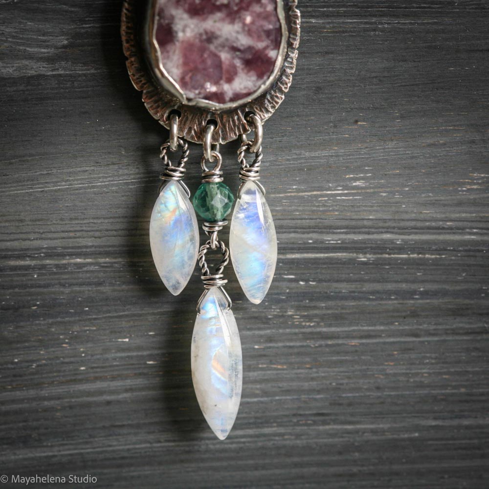 Tranquility Lepidolite with Moonstone & Green Apatite Sterling Silver Necklace Pendant