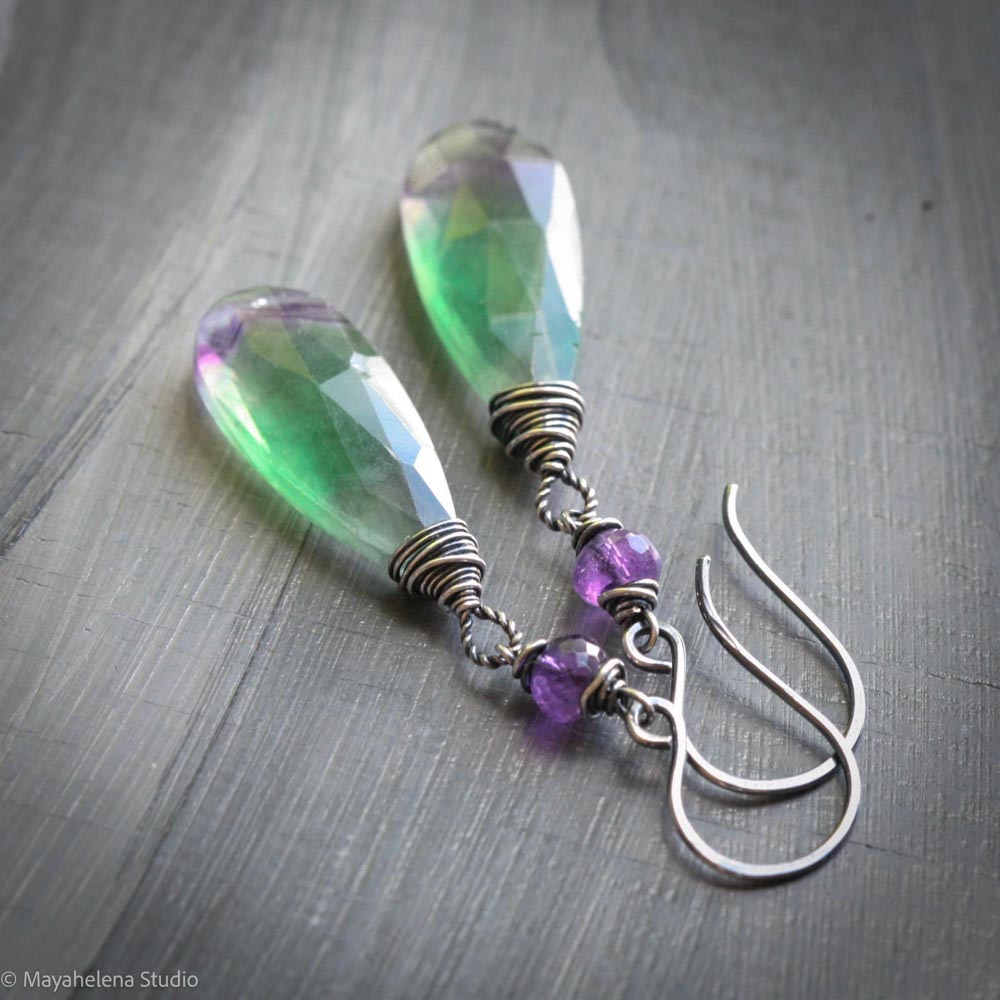 Cadence Fluorite & Amethyst Sterling Silver Earrings
