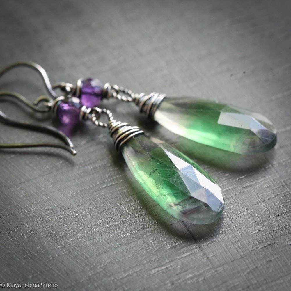 Cadence Fluorite & Amethyst Sterling Silver Earrings