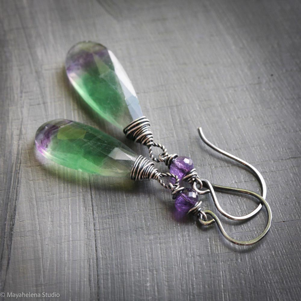 Cadence Fluorite & Amethyst Sterling Silver Earrings