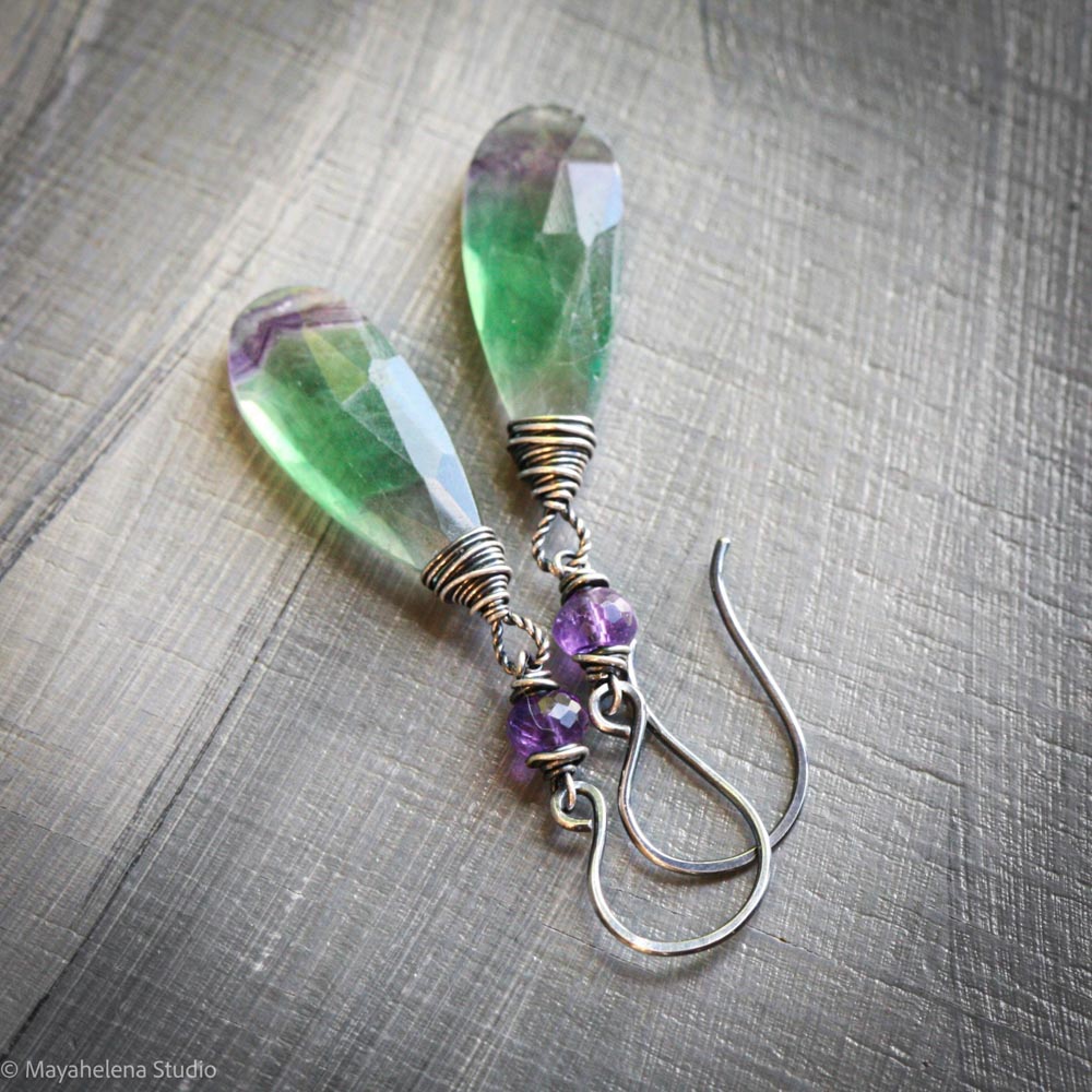 Cadence Fluorite & Amethyst Sterling Silver Earrings