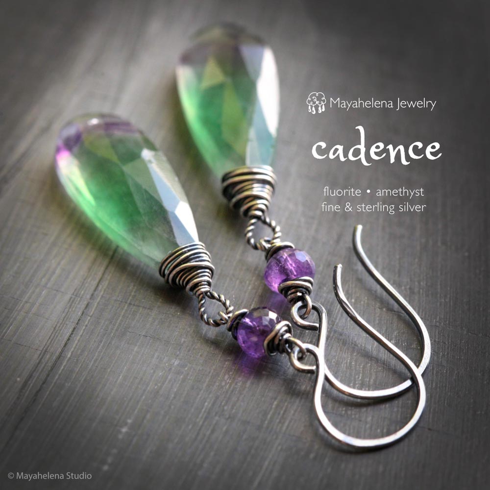 Cadence Fluorite & Amethyst Sterling Silver Earrings