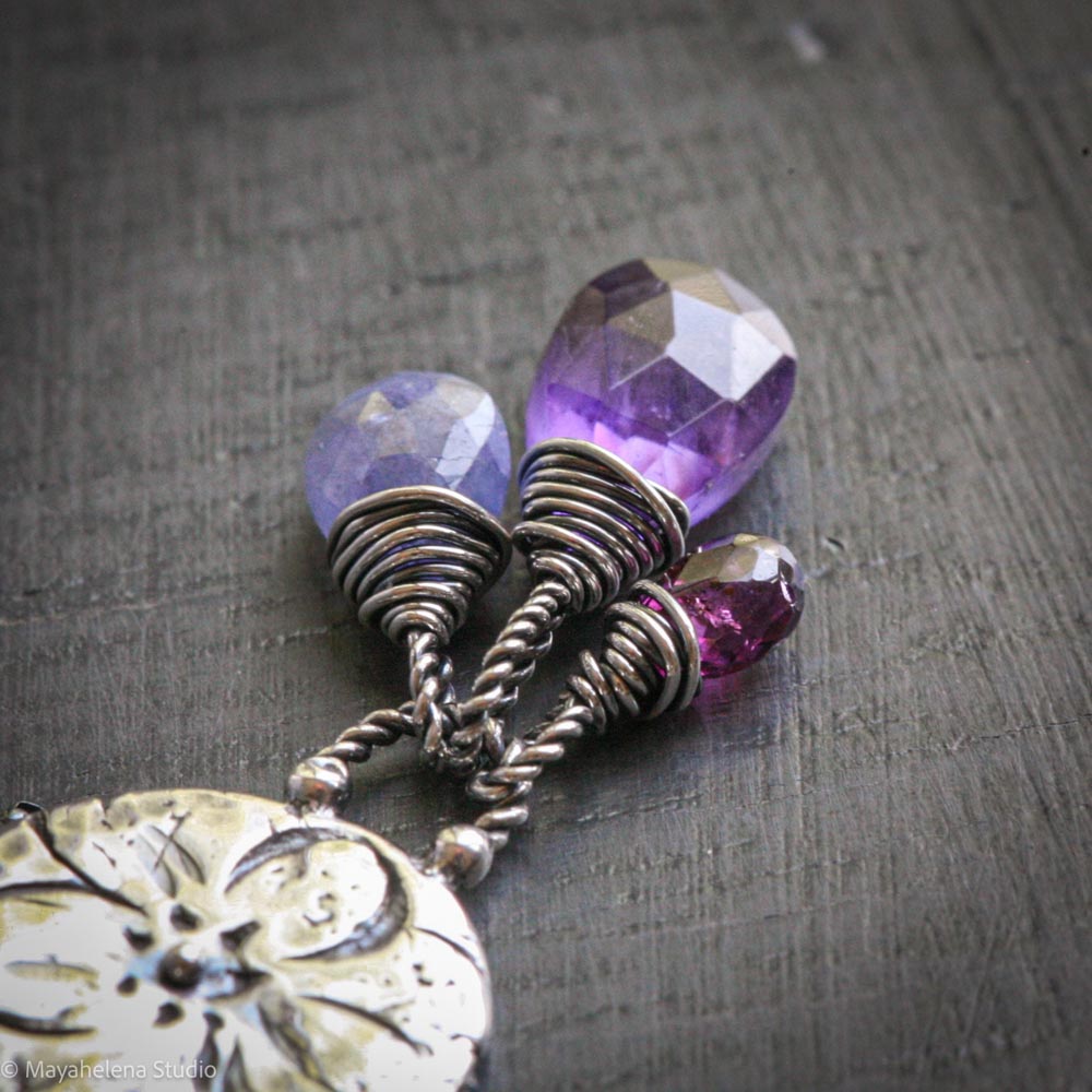 Hydrangea - Flower Seal with Amethyst, Tanzanite, & Pink Garnet Fine and Sterling Silver Necklace