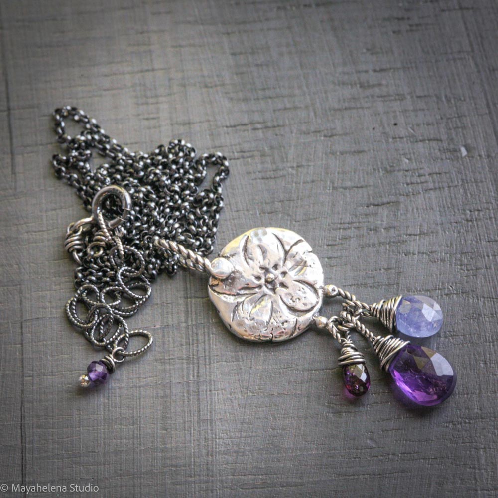 Hydrangea - Flower Seal with Amethyst, Tanzanite, & Pink Garnet Fine and Sterling Silver Necklace