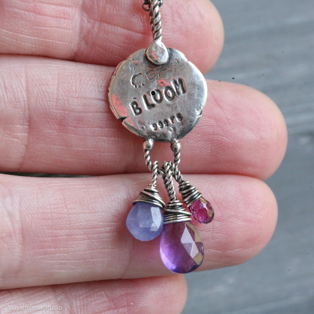 Hydrangea - Flower Seal with Amethyst, Tanzanite, & Pink Garnet Fine and Sterling Silver Necklace