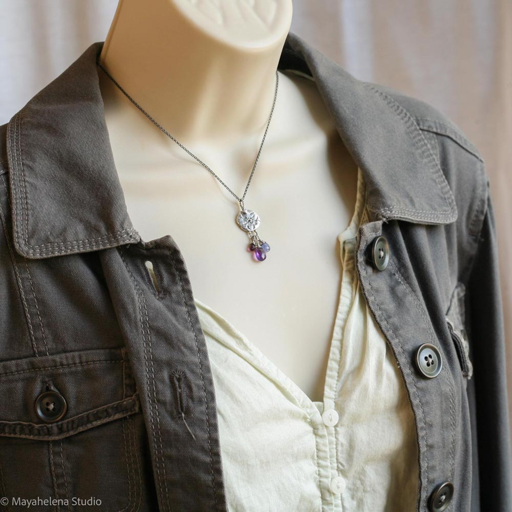 Hydrangea - Flower Seal with Amethyst, Tanzanite, & Pink Garnet Fine and Sterling Silver Necklace