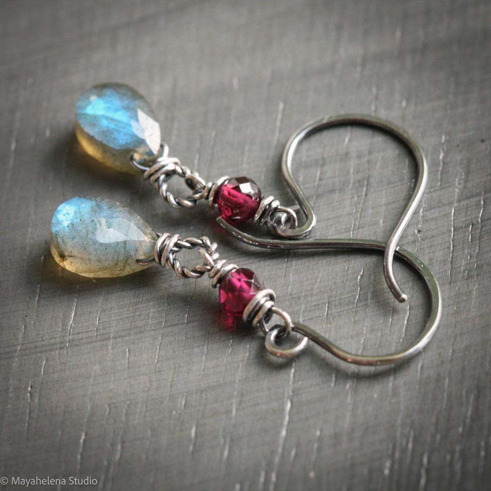 il_fullxfull.7195566938_mjhd.jpg Dot the I - Labradorite and Garnet Fine & Sterling Silver Earrings