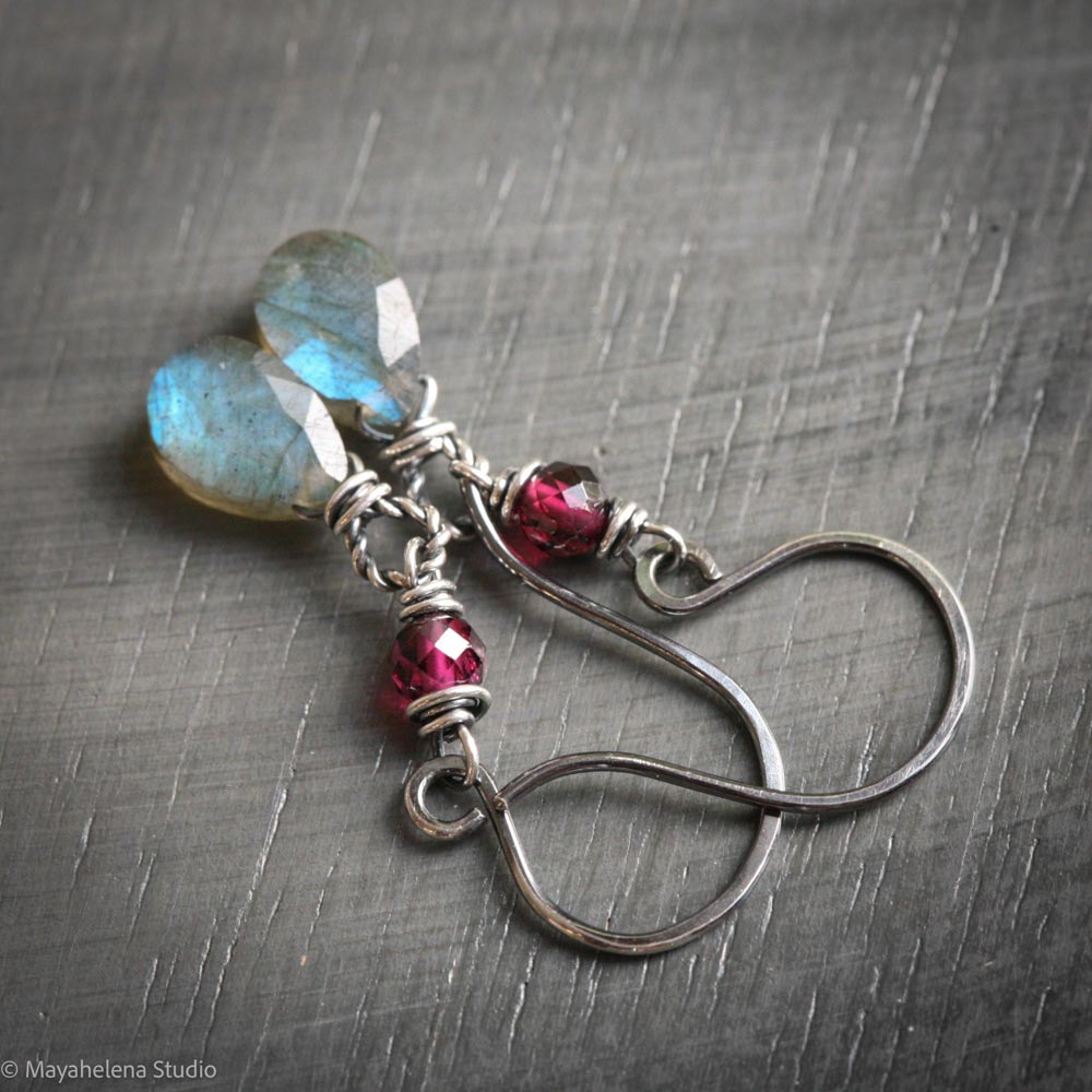 il_fullxfull.7195566944_fb85.jpg Dot the I - Labradorite and Garnet Fine & Sterling Silver Earrings