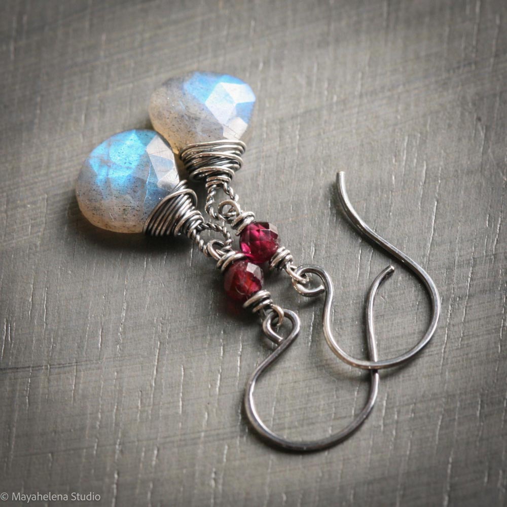 il_fullxfull.7195572614_70hz.jpg Dot the I - Labradorite and Garnet Fine & Sterling Silver Earrings