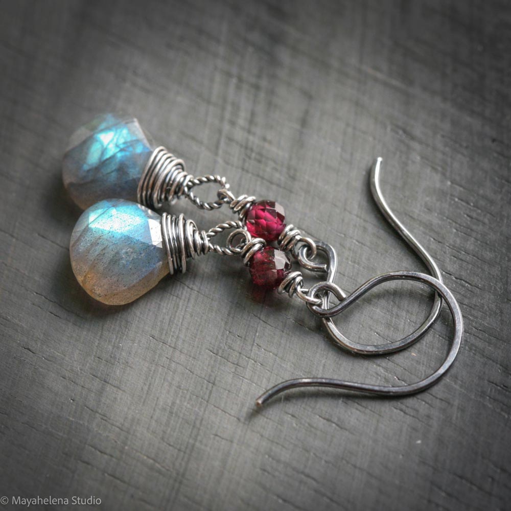 il_fullxfull.7195572622_p1a8.jpg Dot the I - Labradorite and Garnet Fine & Sterling Silver Earrings