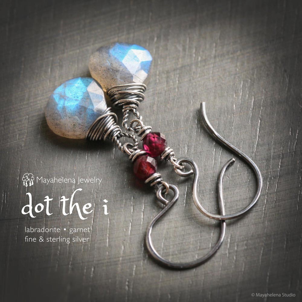 Dot the I - Labradorite and Garnet Fine & Sterling Silver Earrings