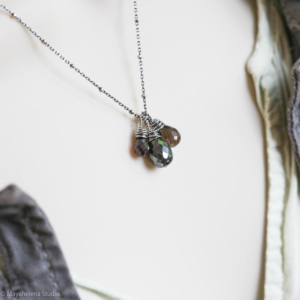 Heal Gemstone Trio - Smoky Quartz Hematite Garnet Sterling Silver Wire Wrapped Necklace