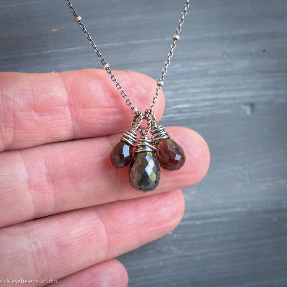Heal Gemstone Trio - Smoky Quartz Hematite Garnet Sterling Silver Wire Wrapped Necklace