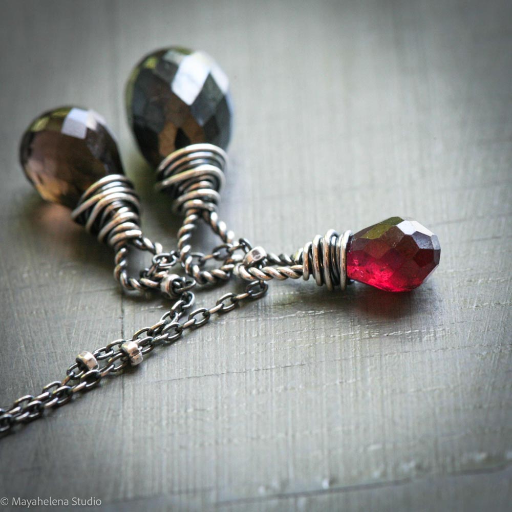 Heal Gemstone Trio - Smoky Quartz Hematite Garnet Sterling Silver Wire Wrapped Necklace