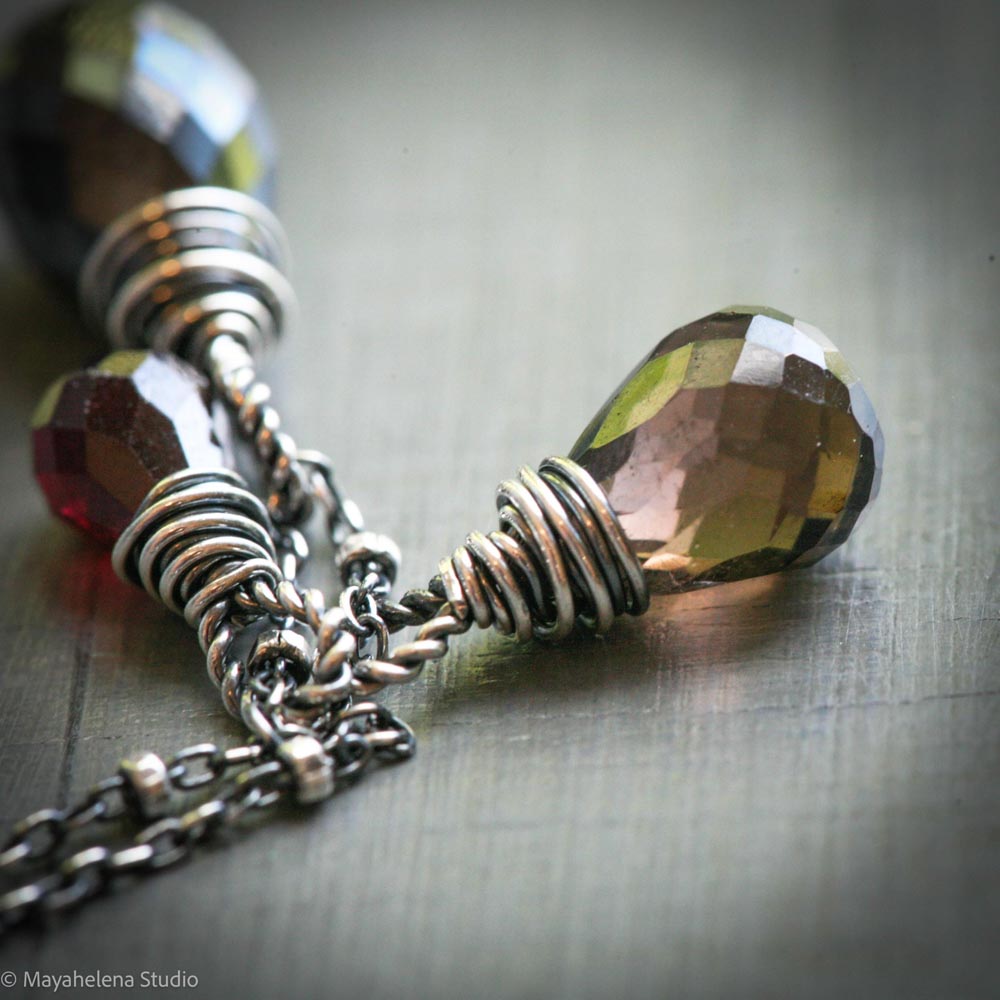 Heal Gemstone Trio - Smoky Quartz Hematite Garnet Sterling Silver Wire Wrapped Necklace