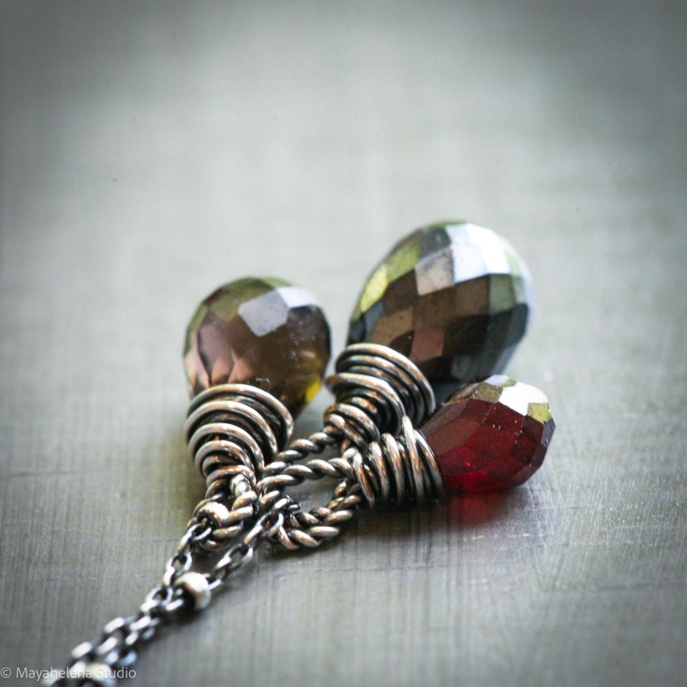 Heal Gemstone Trio - Smoky Quartz Hematite Garnet Sterling Silver Wire Wrapped Necklace