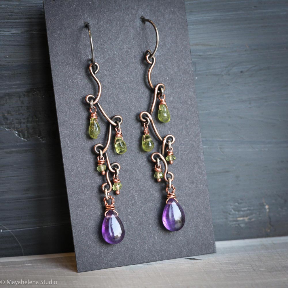 Fun with Copper - Amethyst and Peridot Copper Sterling Silver Earrings