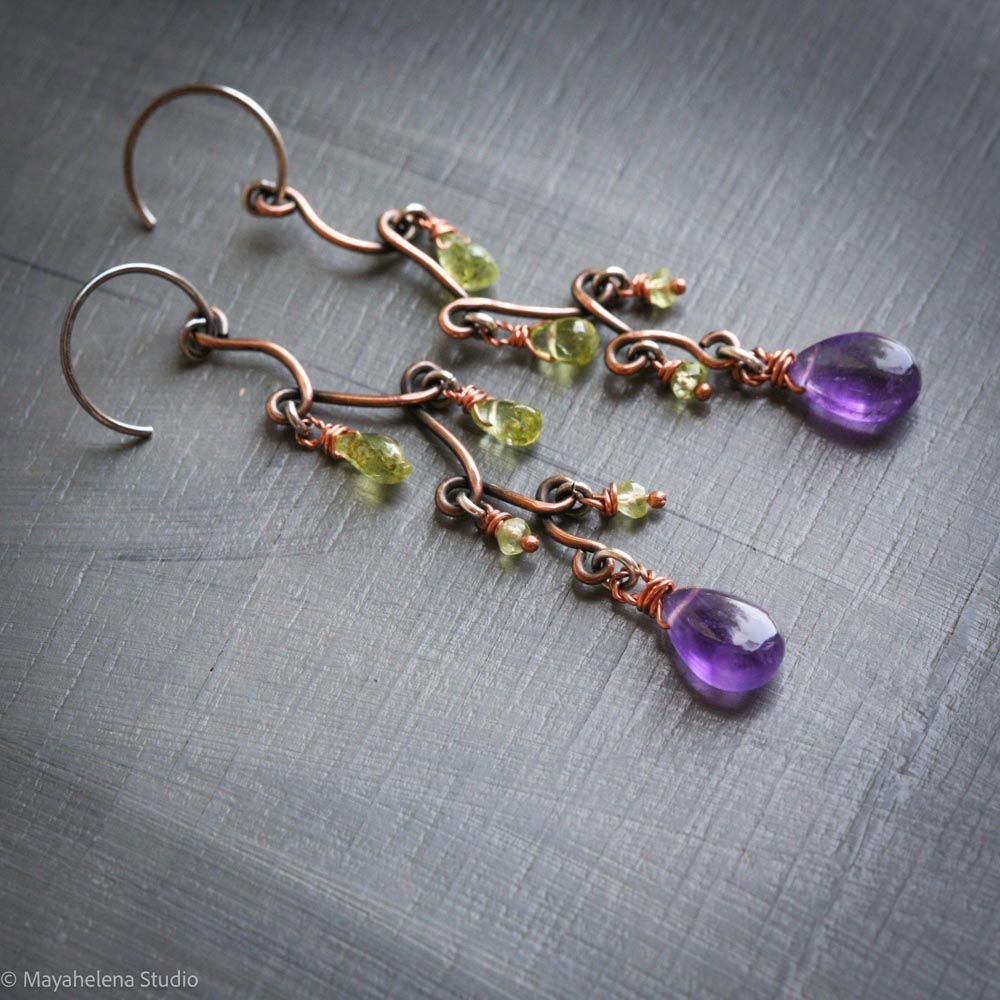 Fun with Copper - Amethyst and Peridot Copper Sterling Silver Earrings