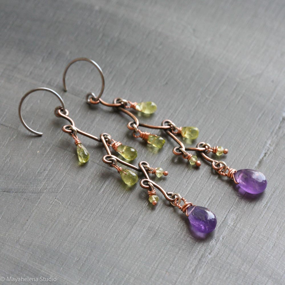 Fun with Copper - Amethyst and Peridot Copper Sterling Silver Earrings