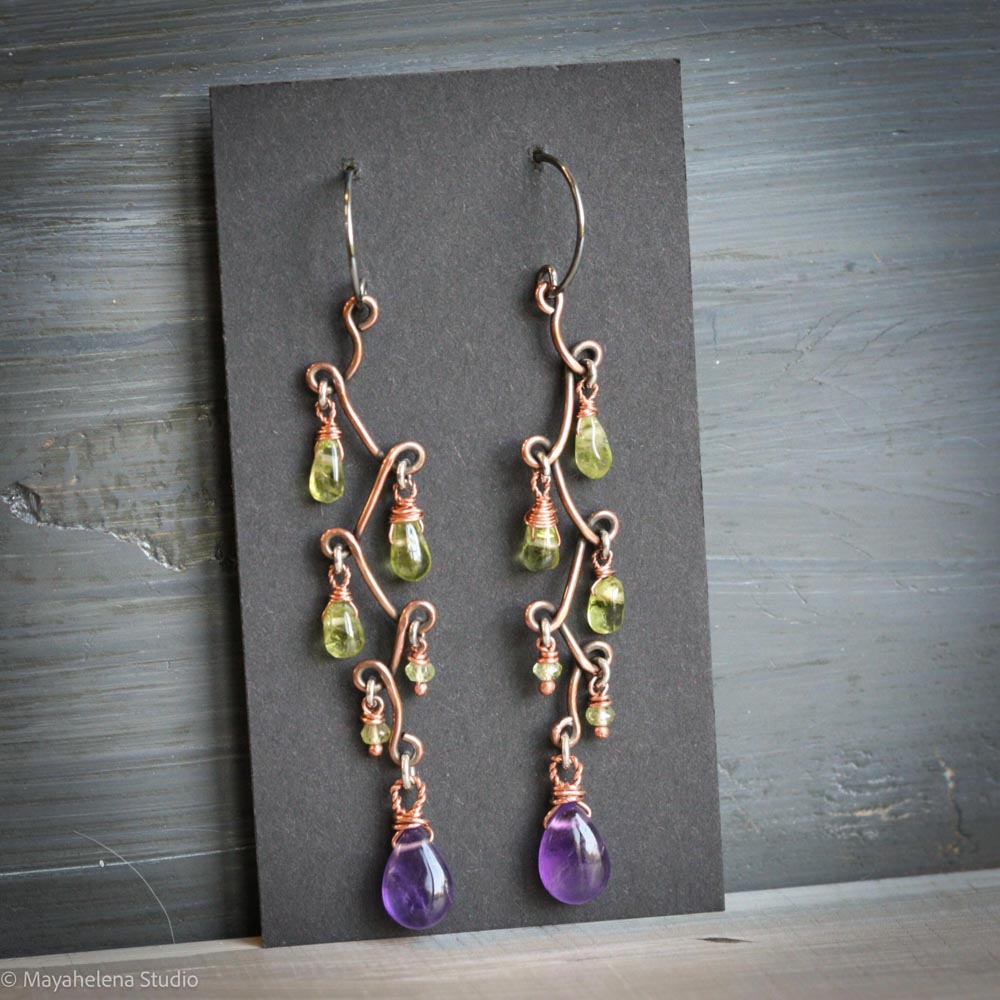 Fun with Copper - Amethyst and Peridot Copper Sterling Silver Earrings