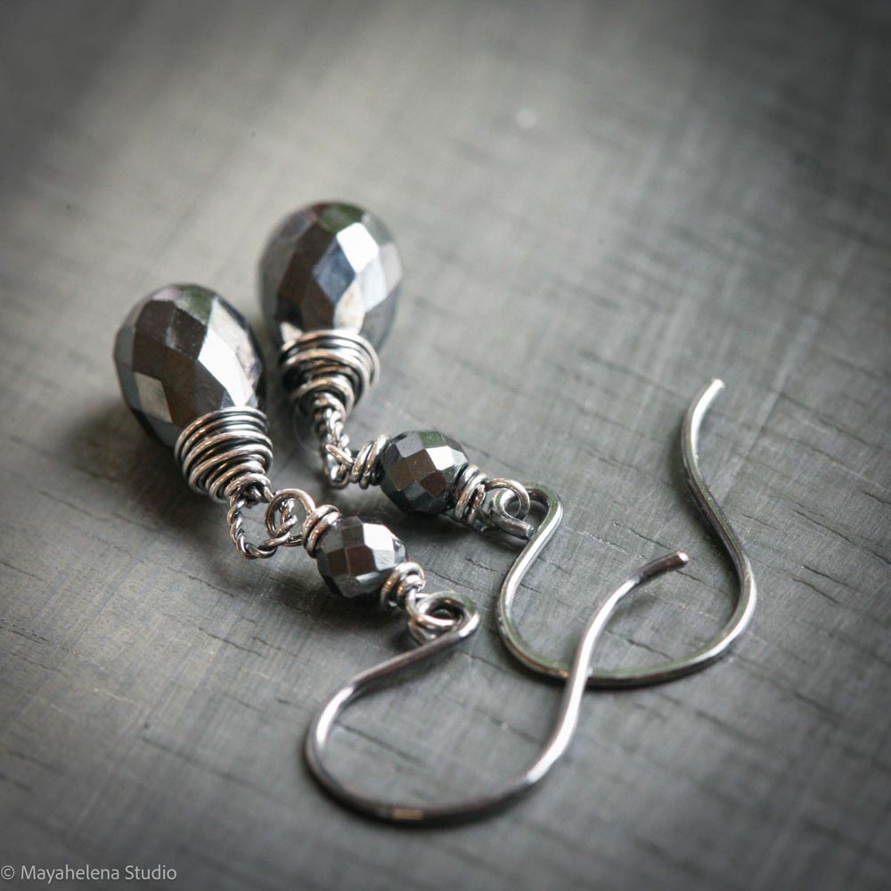 Dot the I - Hematite Wire Wrapped Sterling Silver Earrings