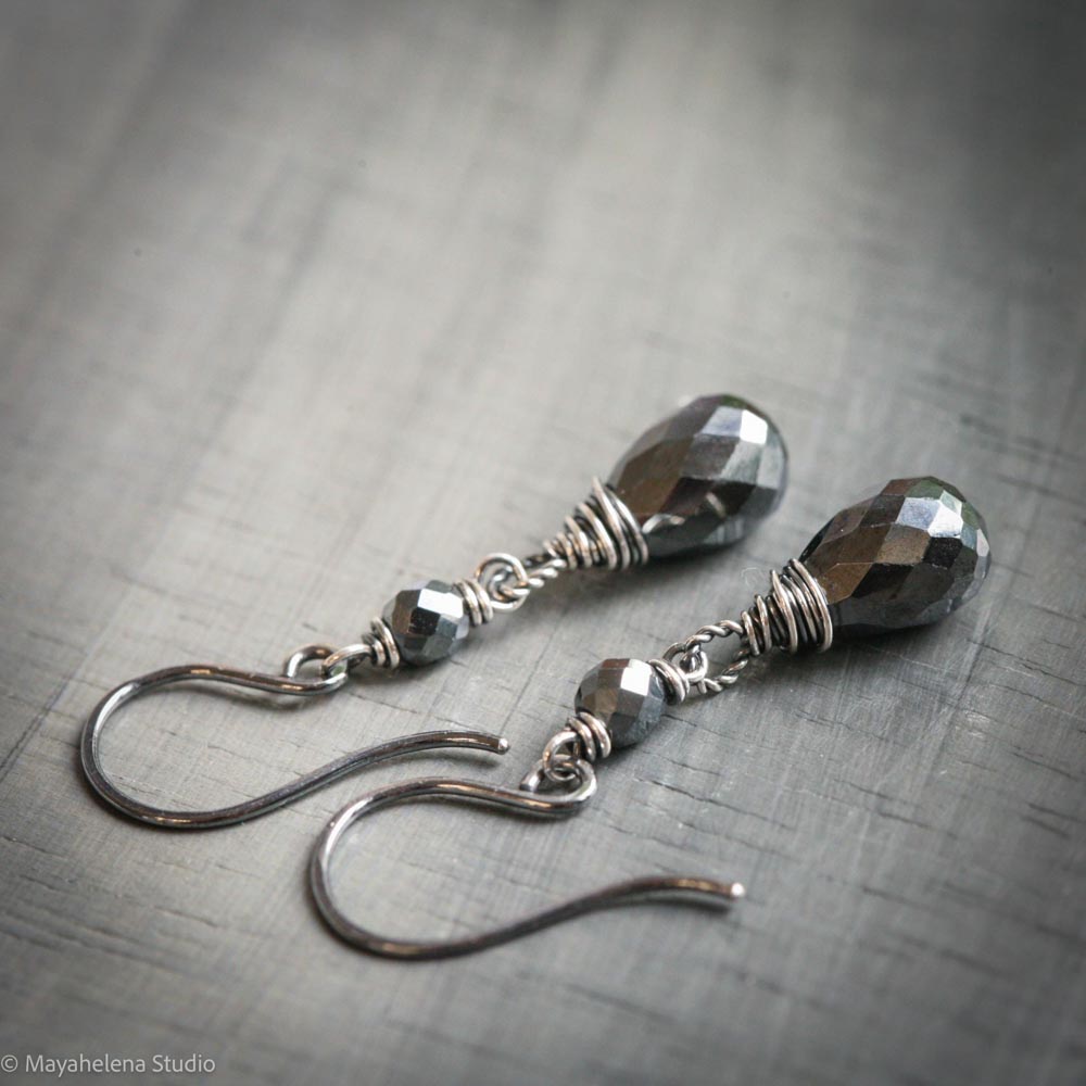 Dot the I - Hematite Wire Wrapped Sterling Silver Earrings