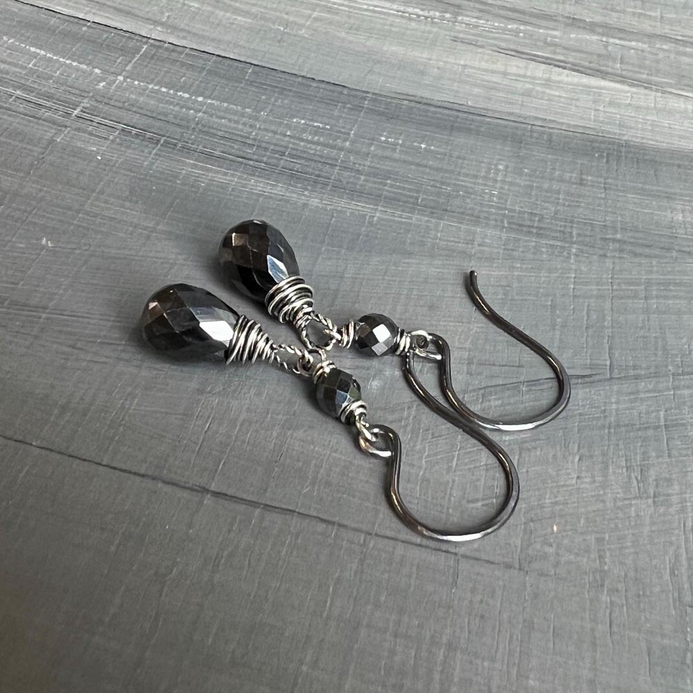 Dot the I - Hematite Wire Wrapped Sterling Silver Earrings