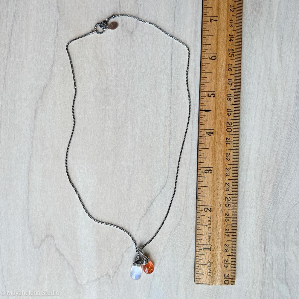 Lunar Eclipse - Moonstone and Sunstone Wire Wrapped Sterling Silver Necklace