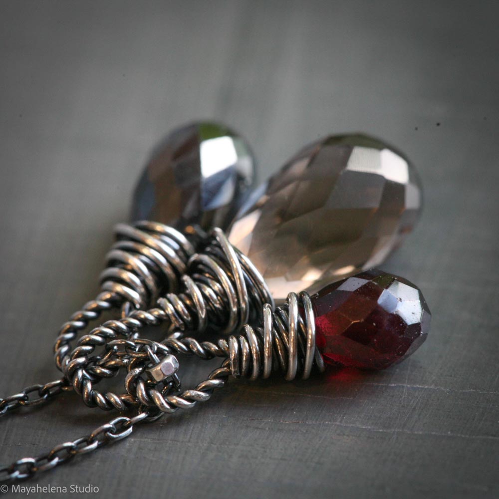 Heal Gemstone Trio - Smoky Quartz Hematite Garnet Sterling Silver Wire Wrapped Necklace