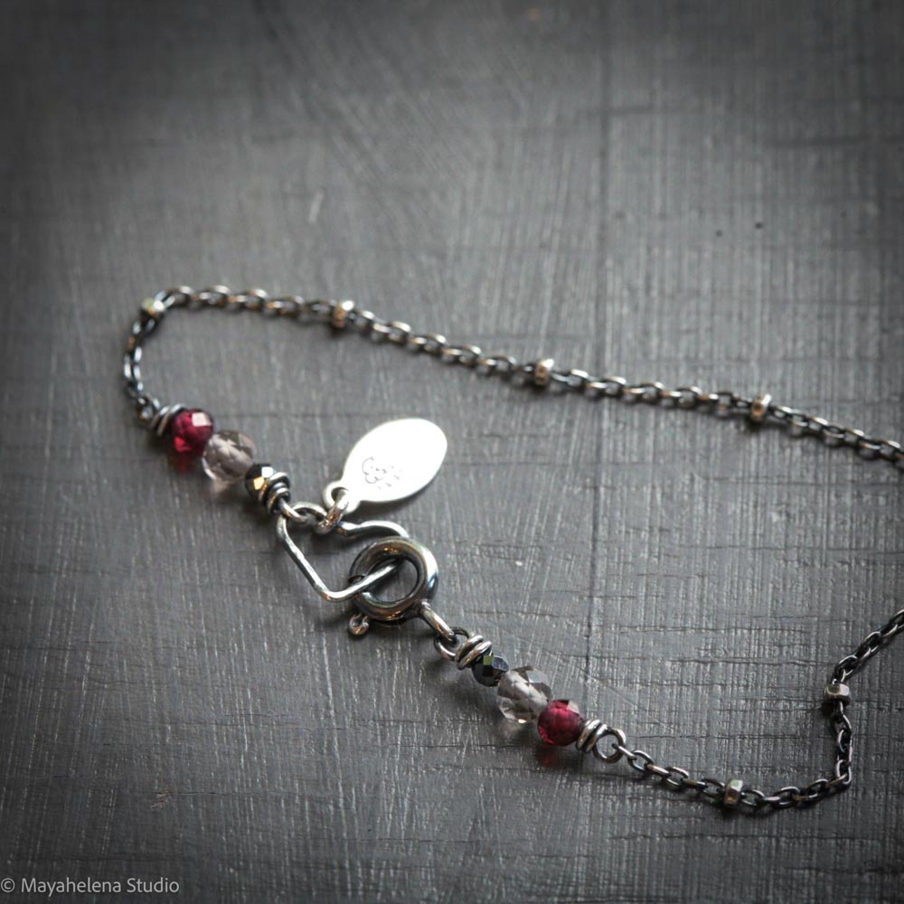 Heal Gemstone Trio - Smoky Quartz Hematite Garnet Sterling Silver Wire Wrapped Necklace