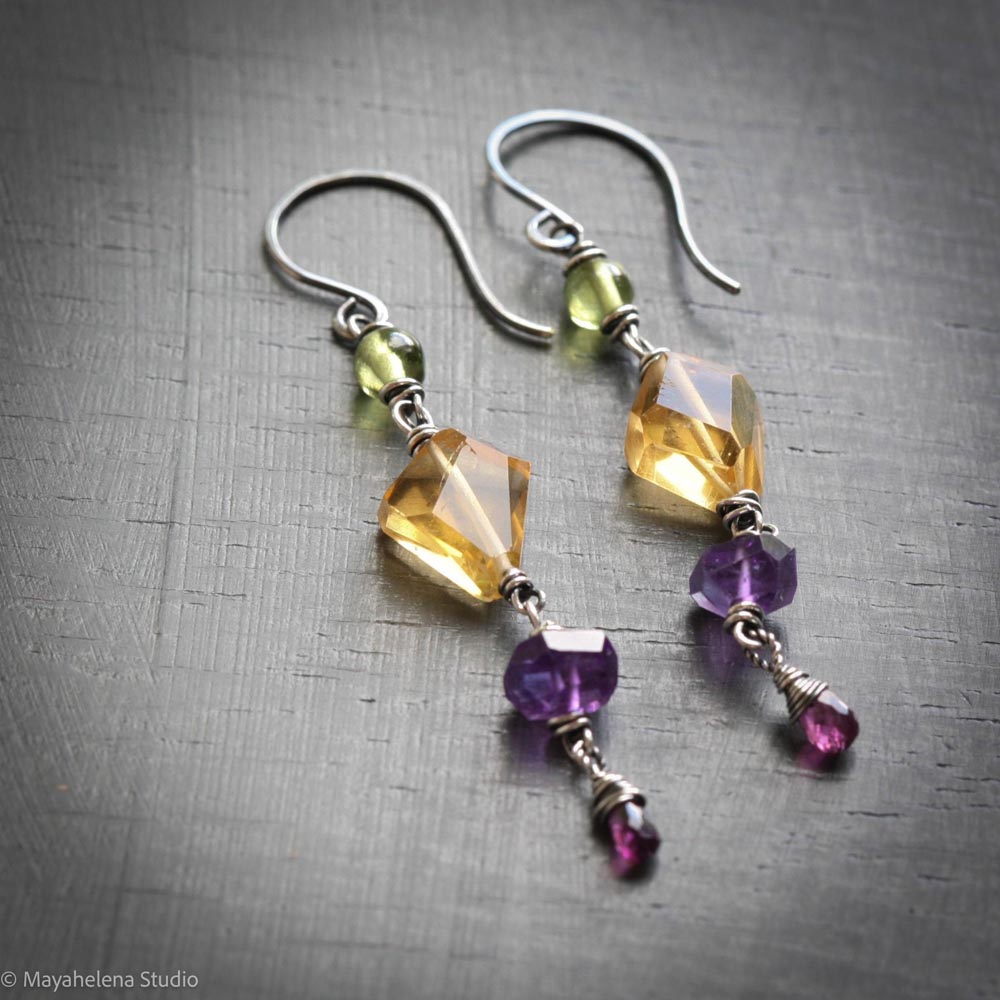 Crystal Medley - Peridot Citrine Amethyst Garnet Sterling Silver Earrings