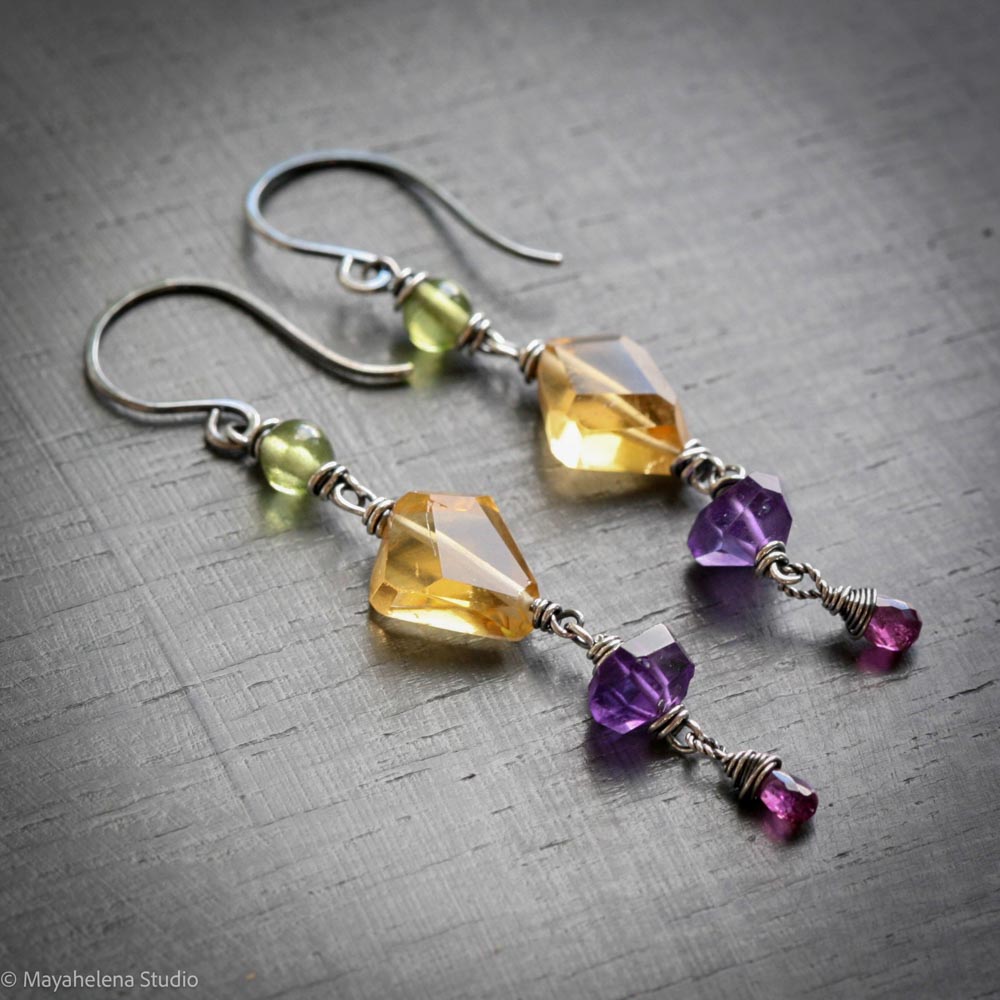 Crystal Medley - Peridot Citrine Amethyst Garnet Sterling Silver Earrings