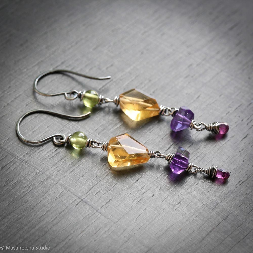 Crystal Medley - Peridot Citrine Amethyst Garnet Sterling Silver Earrings