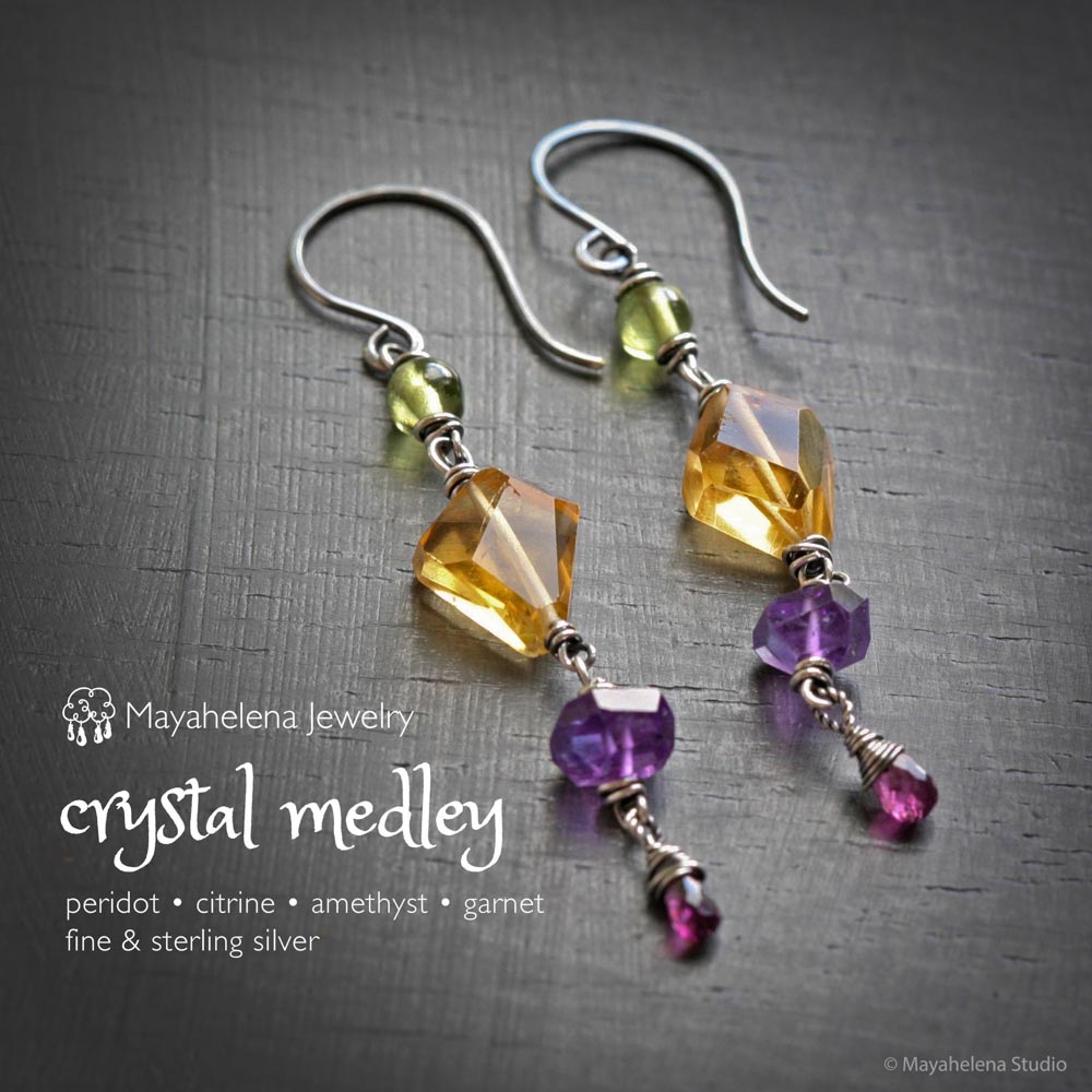 Crystal Medley - Peridot Citrine Amethyst Garnet Sterling Silver Earrings