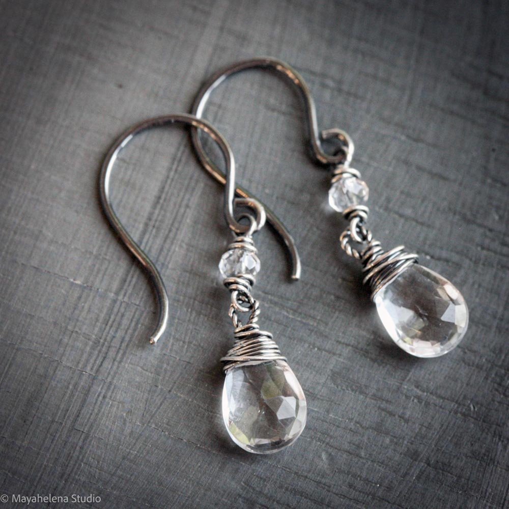 Dot the I - Rock Crystal Wire Wrapped Sterling Silver Earrings