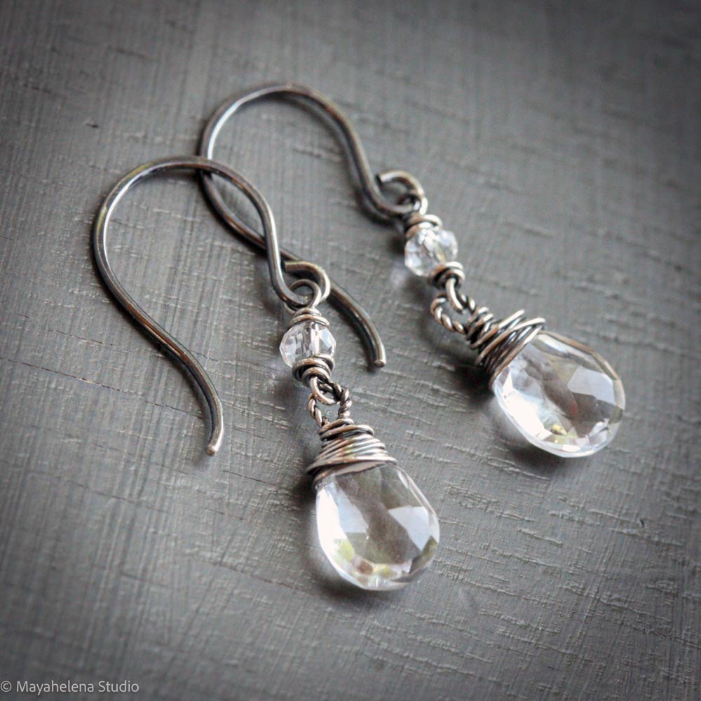 Dot the I - Rock Crystal Wire Wrapped Sterling Silver Earrings
