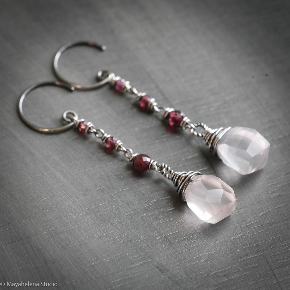 Light Seeker - Rose Quartz & Garnet Sterling Silver Earrings