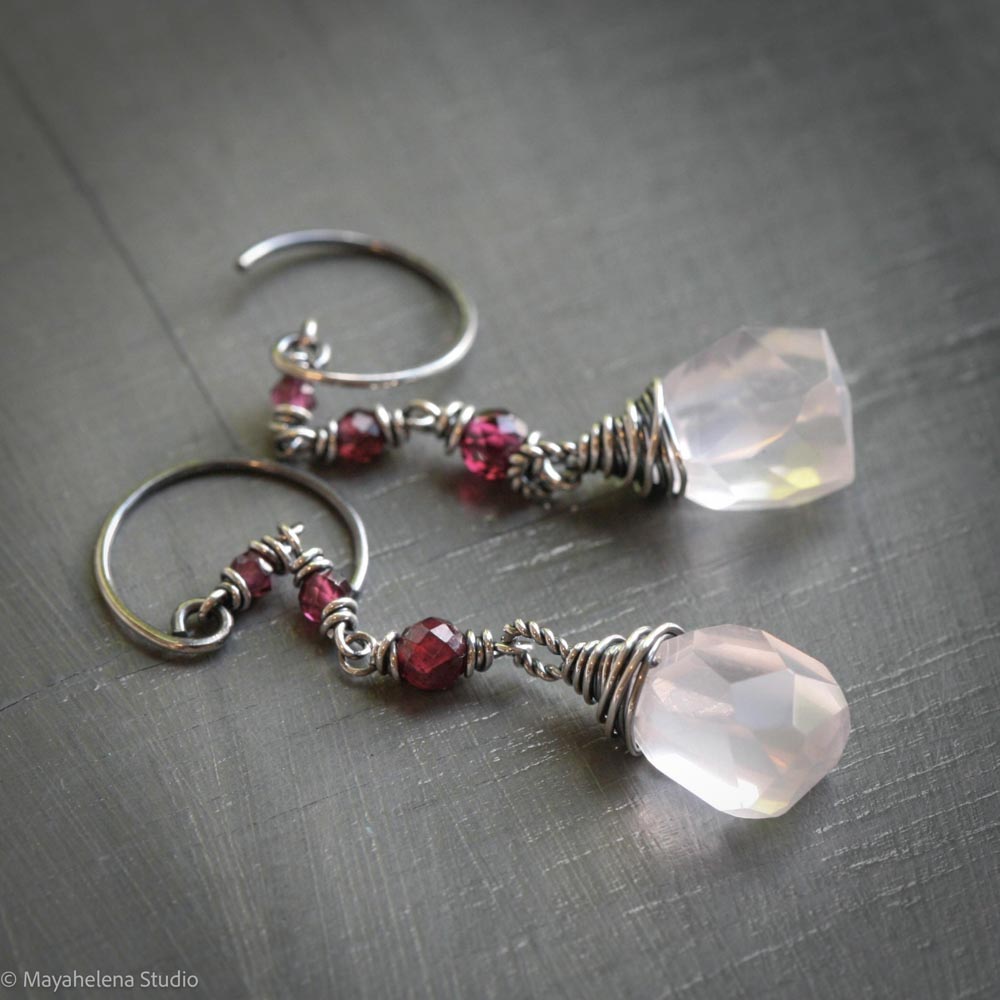 Light Seeker - Rose Quartz & Garnet Sterling Silver Earrings