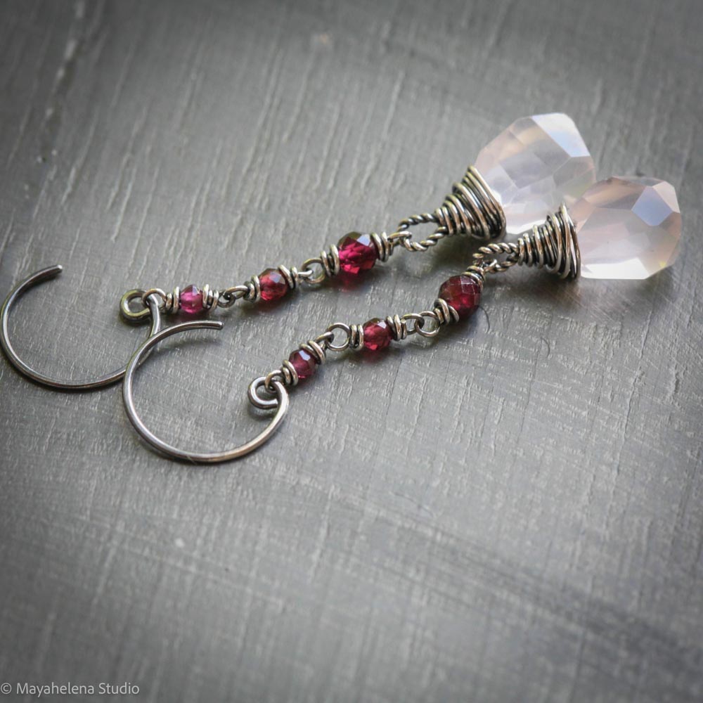 Light Seeker - Rose Quartz & Garnet Sterling Silver Earrings