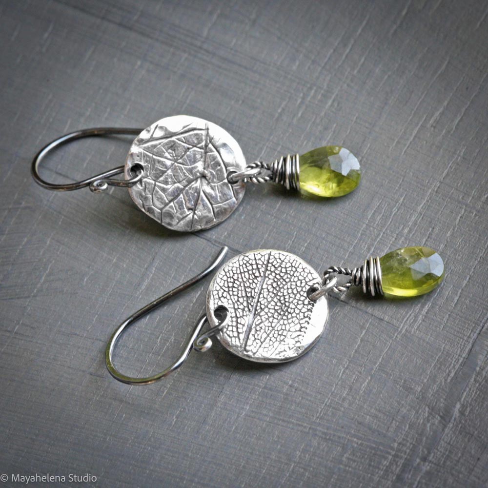 Secret Garden - Botanical Textured Fine Silver and  Peridot Earrings