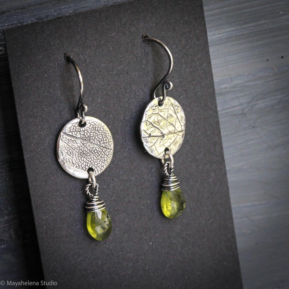 Secret Garden - Botanical Textured Fine Silver and  Peridot Earrings