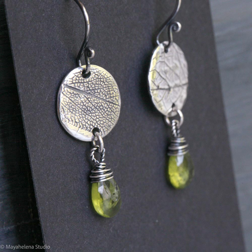 Secret Garden - Botanical Textured Fine Silver and  Peridot Earrings