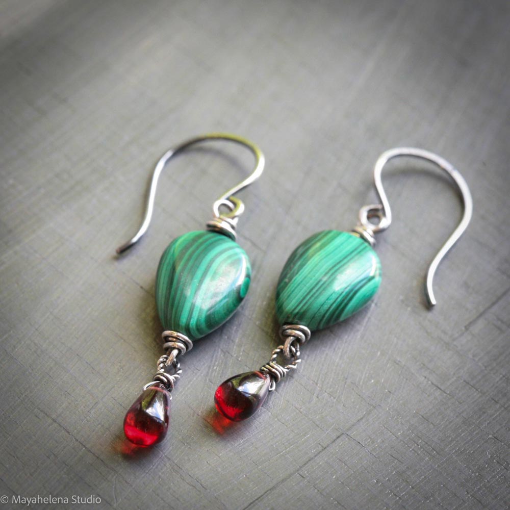 il_fullxfull.7216003966_di0j.jpg Heart of the Forest - Malachite & Garnet Sterling Silver Earrings
