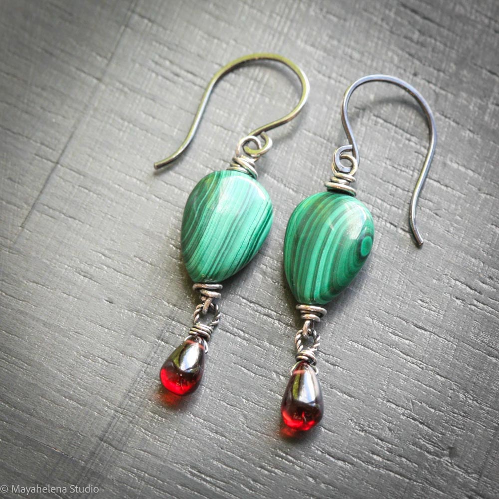 il_fullxfull.7216003988_bmuf.jpg Heart of the Forest - Malachite & Garnet Sterling Silver Earrings