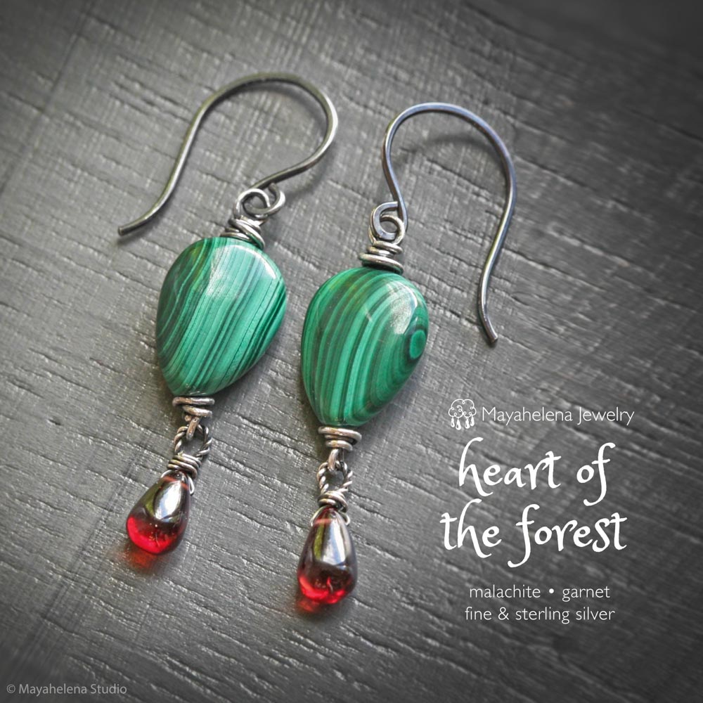 Heart of the Forest - Malachite & Garnet Sterling Silver Earrings