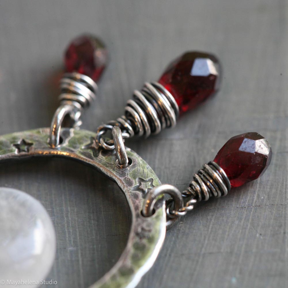Blood Moon - Moonstone Garnet Wire Wrapped Sterling Necklace